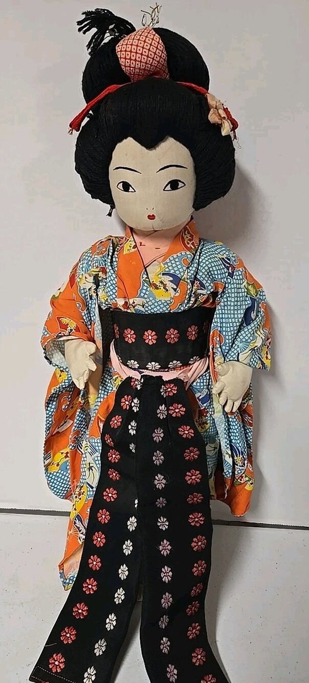 Vintage Japanese Geisha Cloth Doll 19 In. Tall Lobster Feet Silk Kimono No Stand